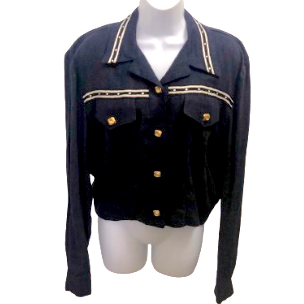 CACHÉ 💯% LINEN NAVY BLUE JACKET • GOLD BUTTONS • RHINESTONE TRIM • Sz L